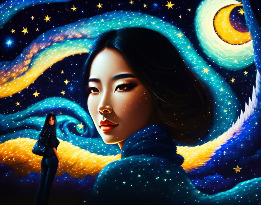 Surreal illustration of woman fused with cosmic backdrop