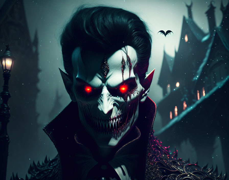 Digital artwork: Vampire with glowing red eyes and fangs in gothic castle setting.