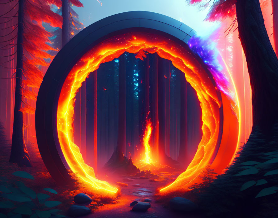 Fiery orange and yellow portal in mystical forest