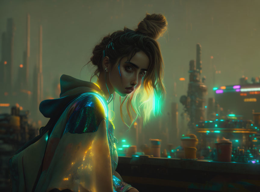 Young woman in top knot and reflective clothing in neon-lit futuristic cityscape