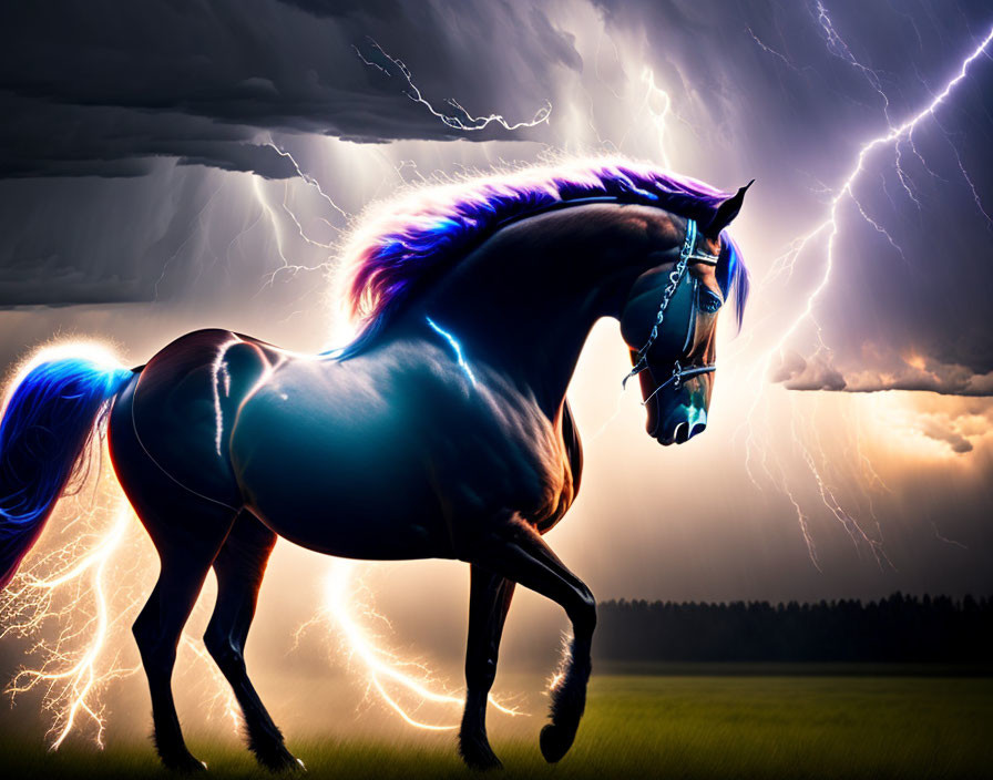 Black horse with blue mane in stormy skies landscape