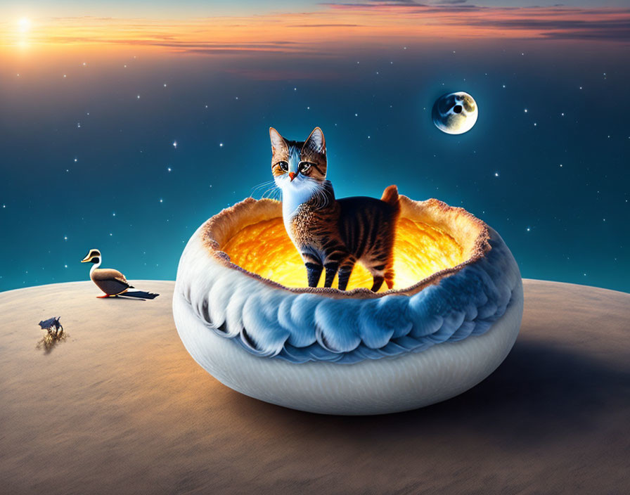 Tabby cat in surreal orange fruit bed under starry sky with bird observer