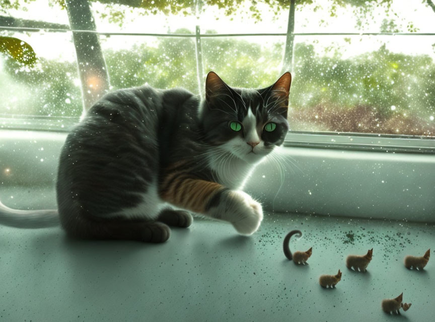 Green-eyed cat surrounded by tiny cats on windowsill with raindrops.