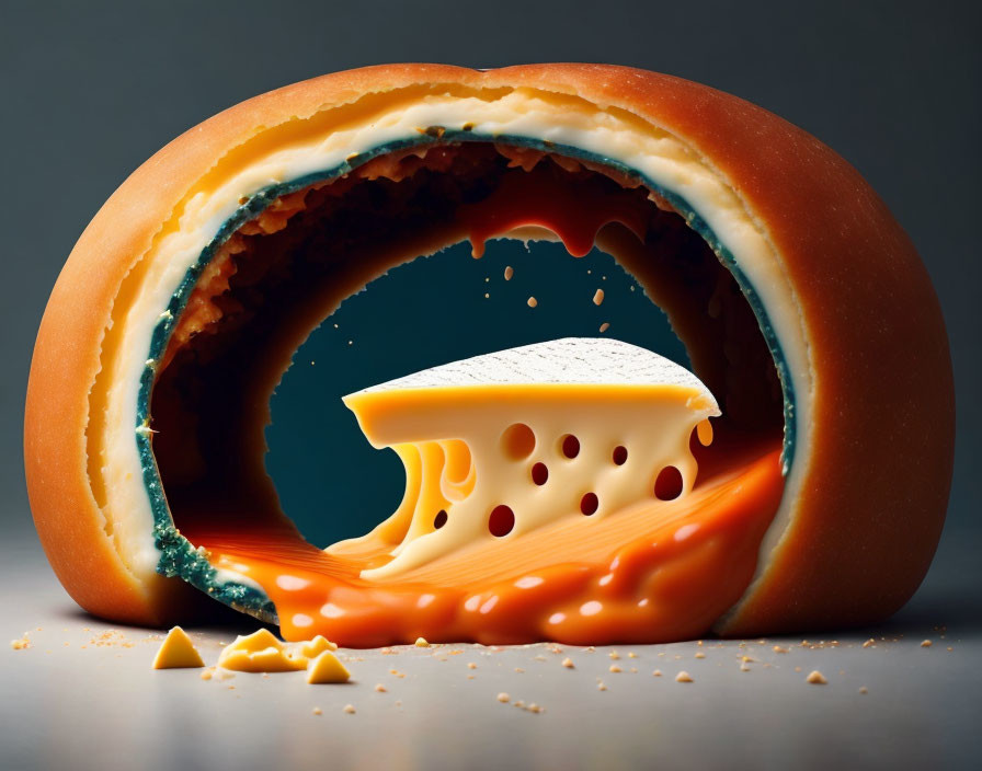 Surreal image: Cheese wheel with night landscape peeking through slice.