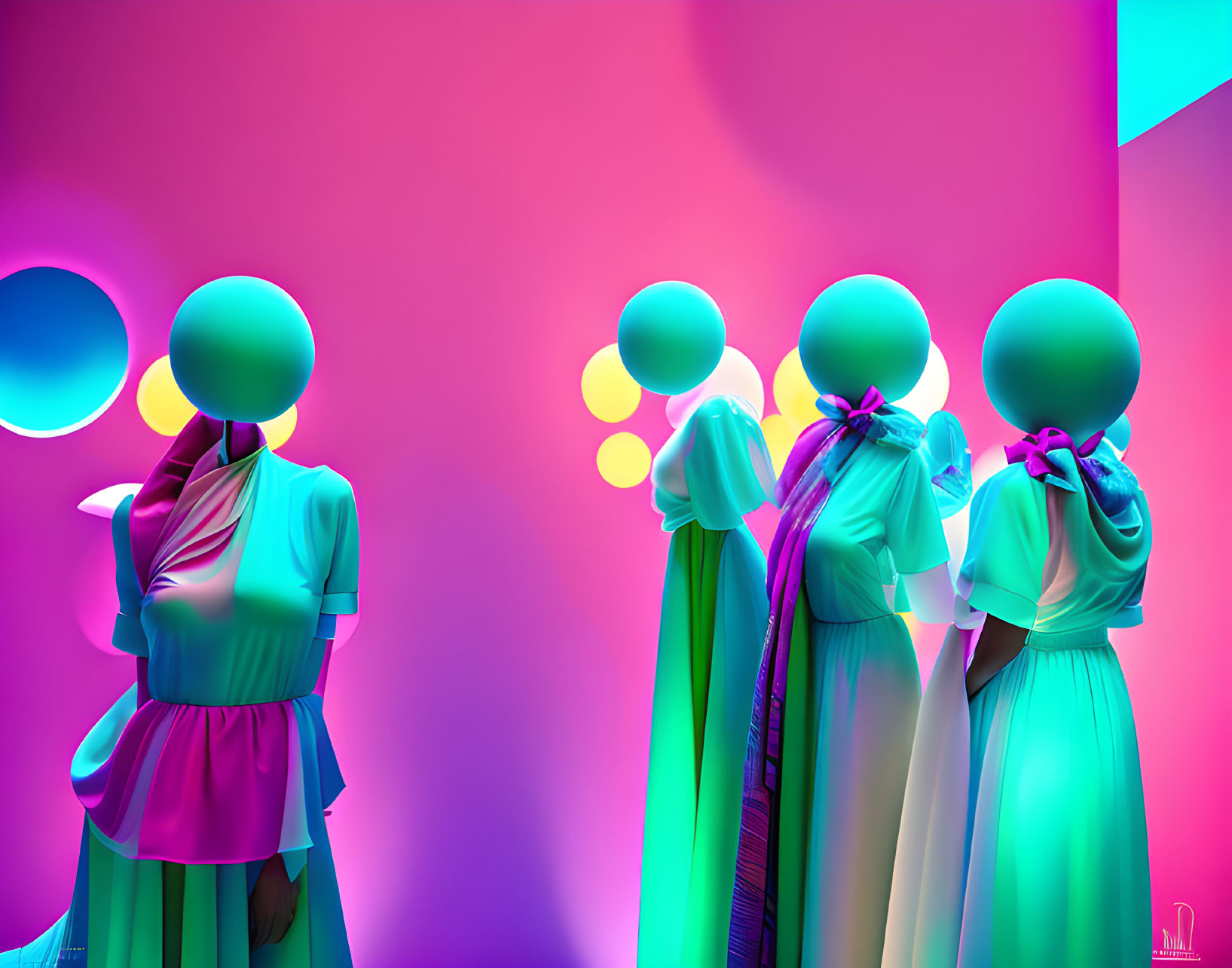 Colorful surreal figures in flowing gowns on neon-lit backdrop