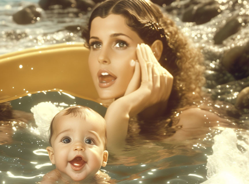 Woman and baby in bathtub with rocks, woman surprised, baby smiling