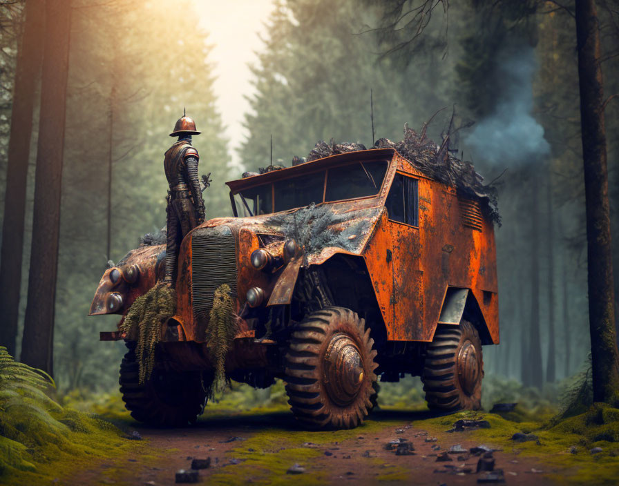 Armored figure near rusty vehicle in misty forest