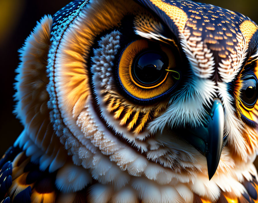 Vibrant owl plumage, captivating eyes, detailed feathers in close-up view