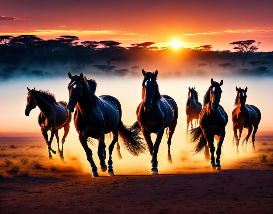 Wild horses gallop in dusty landscape at sunset with silhouetted trees.