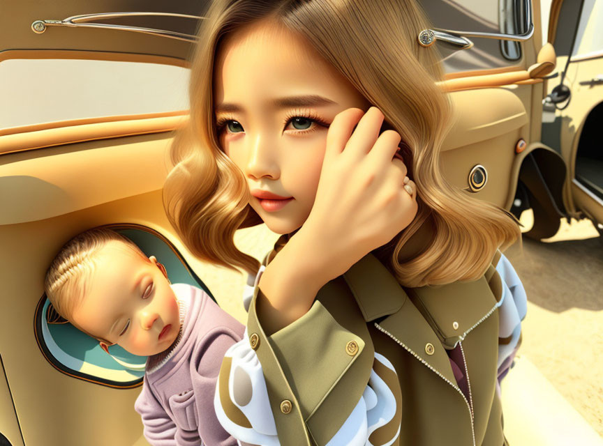 Digital illustration of young woman with wavy hair on phone near sleeping baby