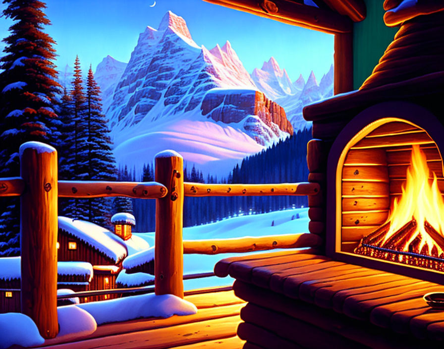 Snowy landscape with cozy log cabin and roaring fire at twilight