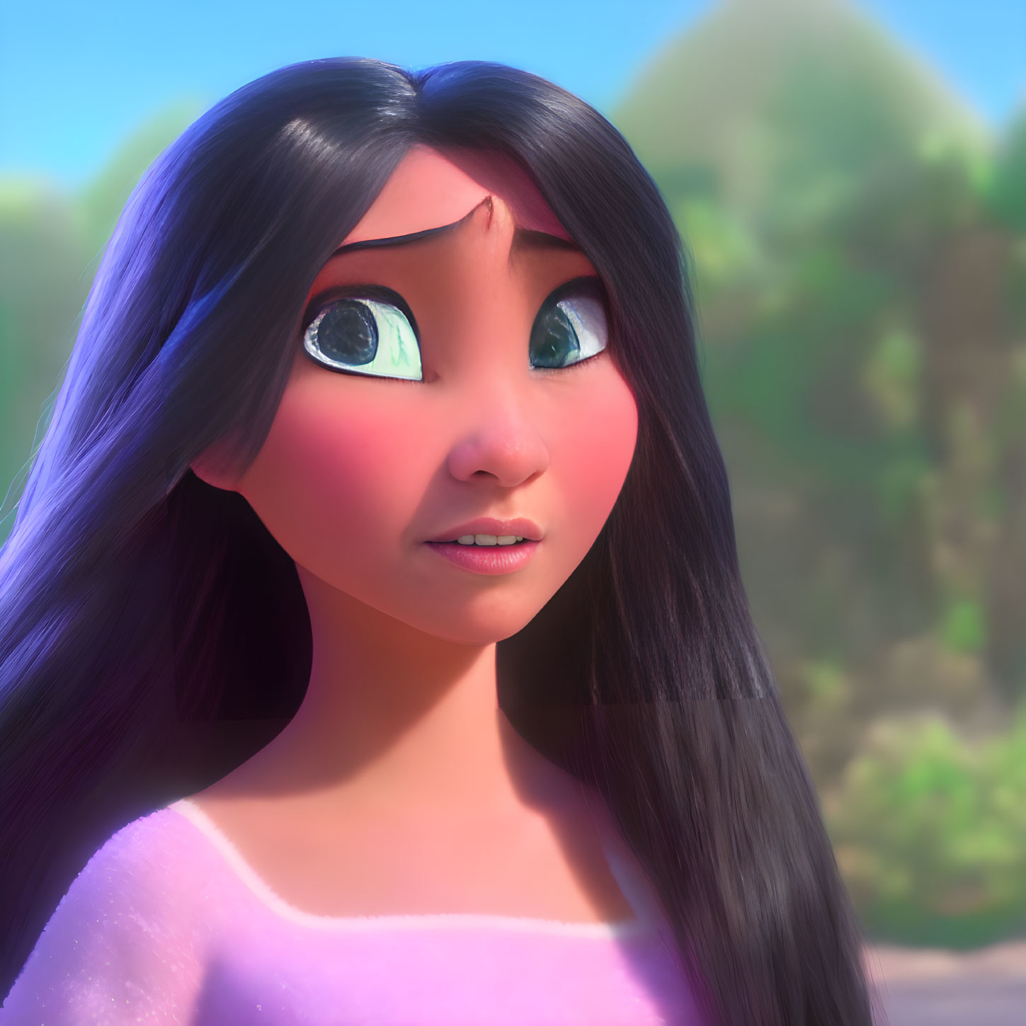 Animated female character with long black hair and turquoise eyes in pink dress against blurred nature background.