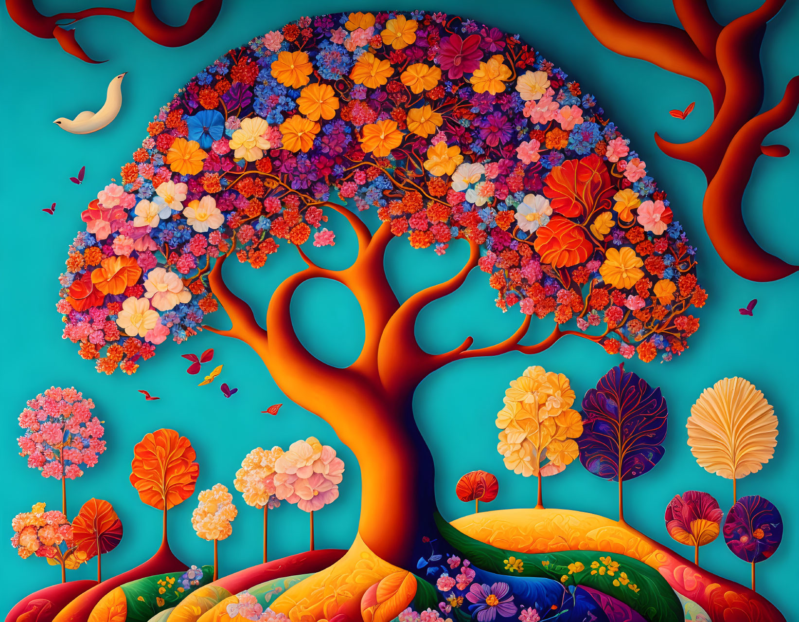 Colorful tree painting with flowers, plants, and birds on turquoise backdrop