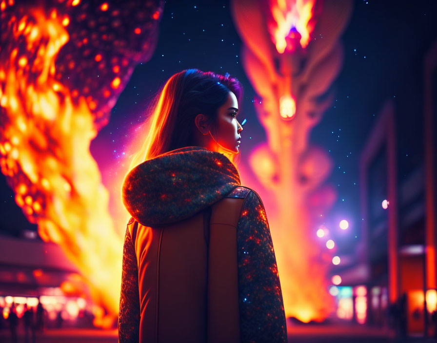 Woman with backpack gazes at fiery phoenix on neon-lit street