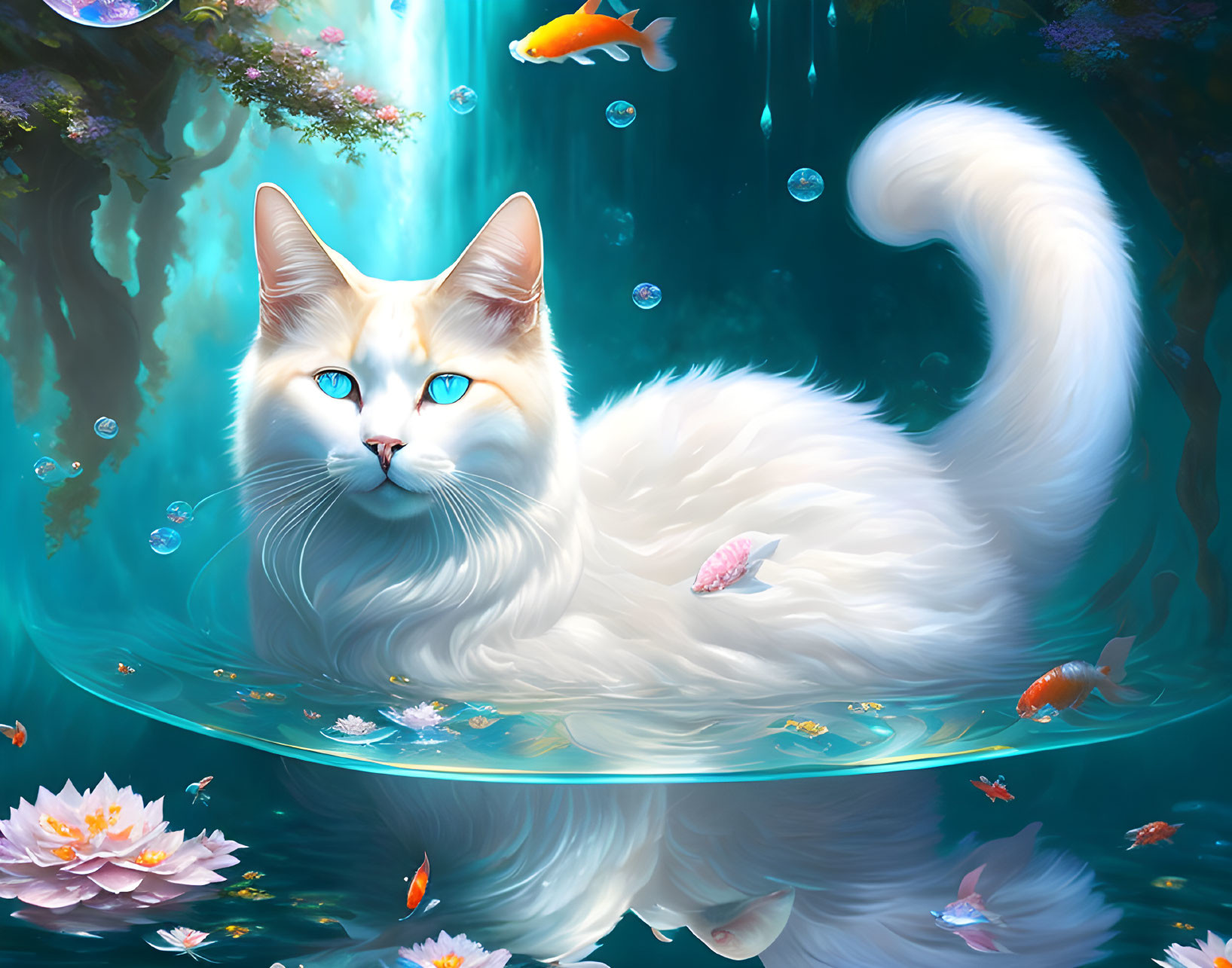 Fluffy white cat with blue eyes in underwater scene with fish and water lilies