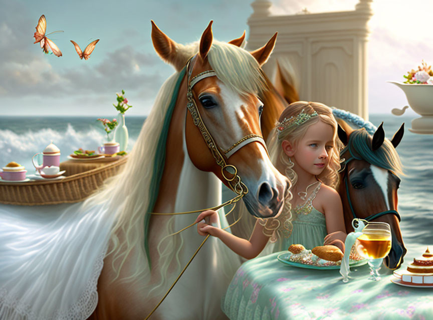 Young girl in green dress at whimsical tea party with horses by serene ocean