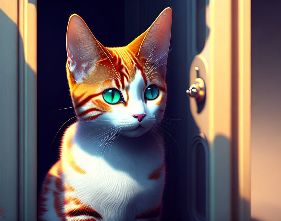 Orange and white cat with green eyes peeking through door in warm light