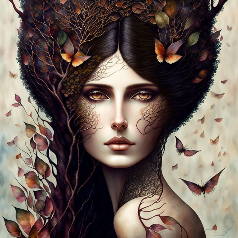 Surreal portrait of woman with butterfly hair branches and fall leaves