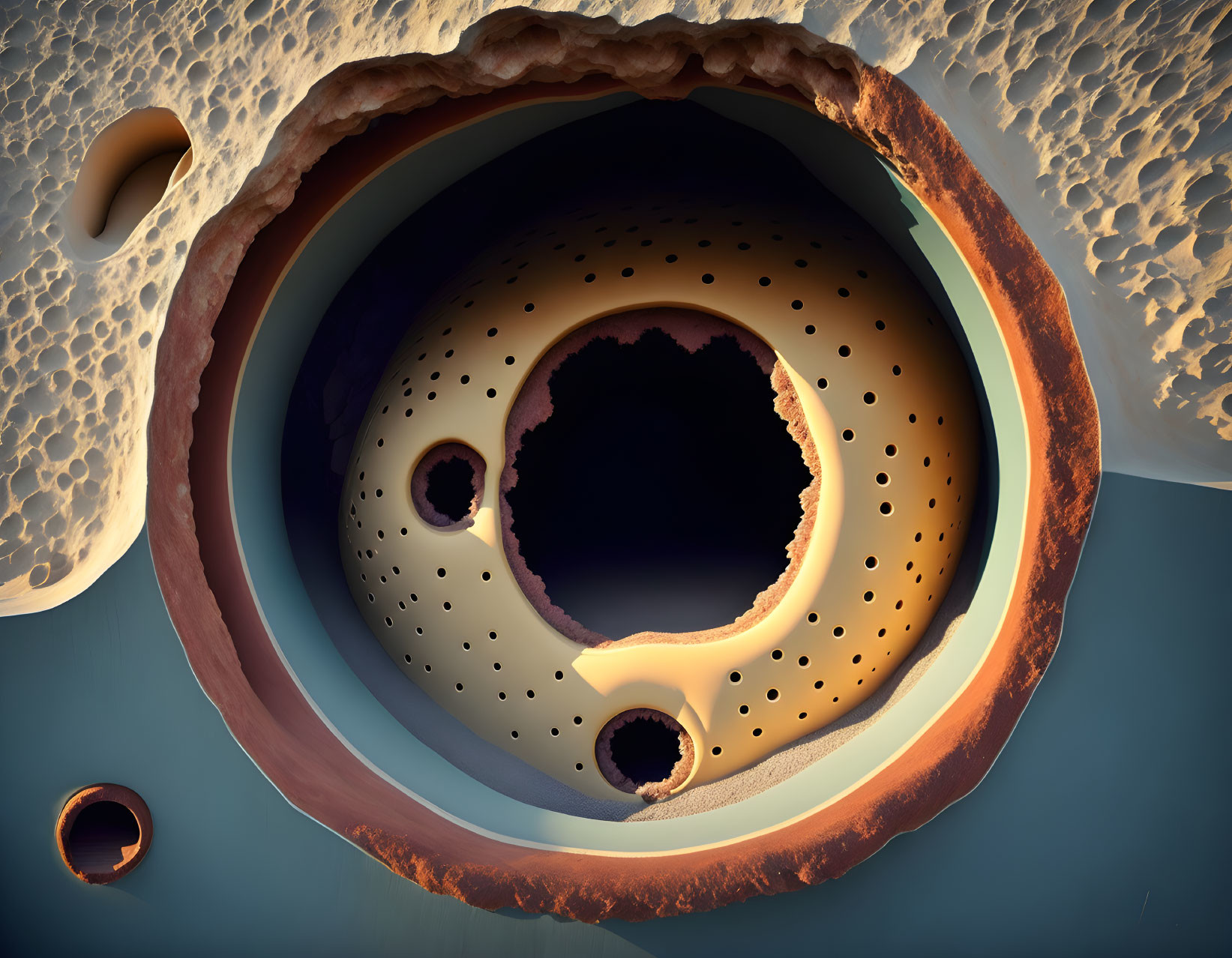 Nested layers with circular holes on textured background: Surrealistic landscape art.