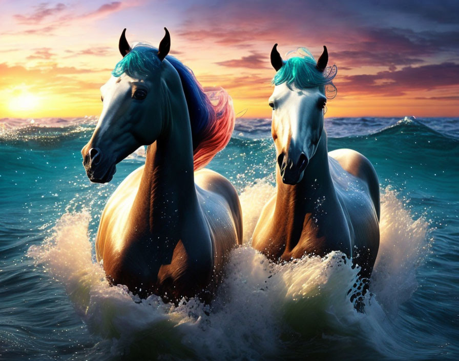 Majestic horses with turquoise manes in sea waves at sunset