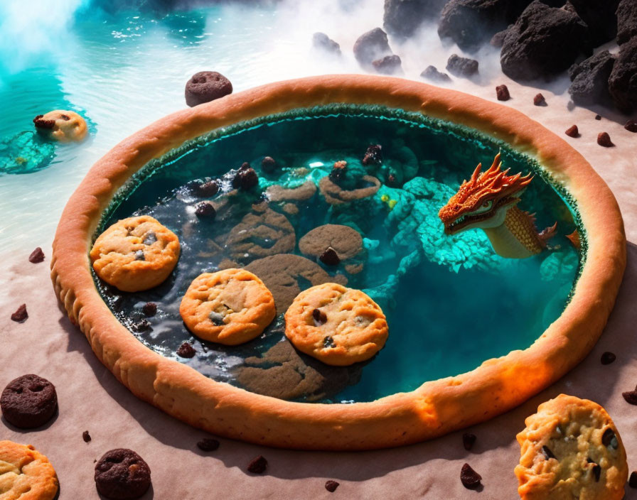 Fantasy-themed cookie dough pool with chocolate chip rim and dragon floatie