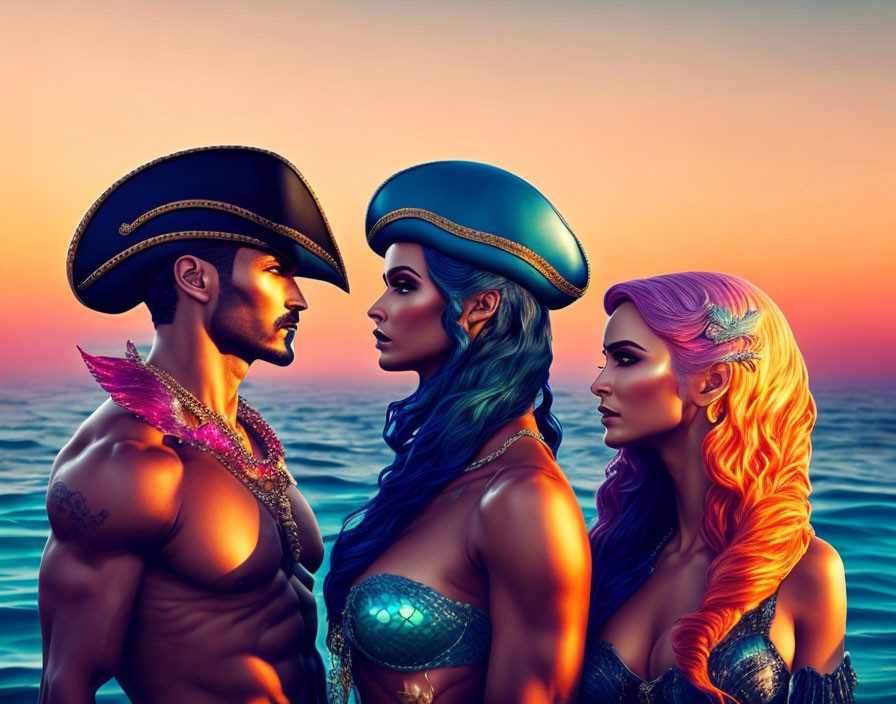 Stylized pirate-themed characters with sunset backdrop