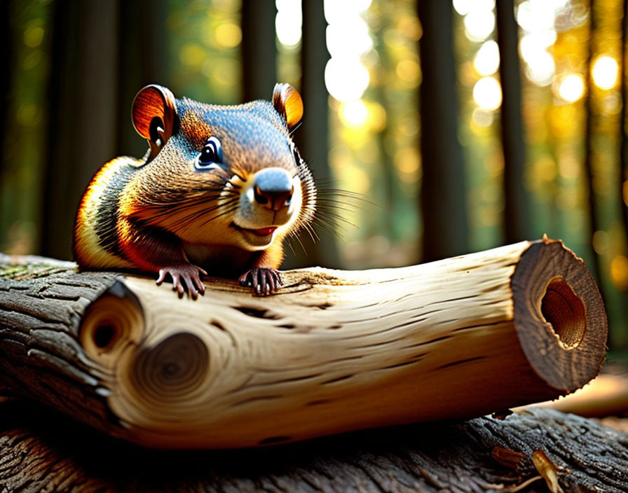 Close-up of squirrel on log in forest with warm sunlight.