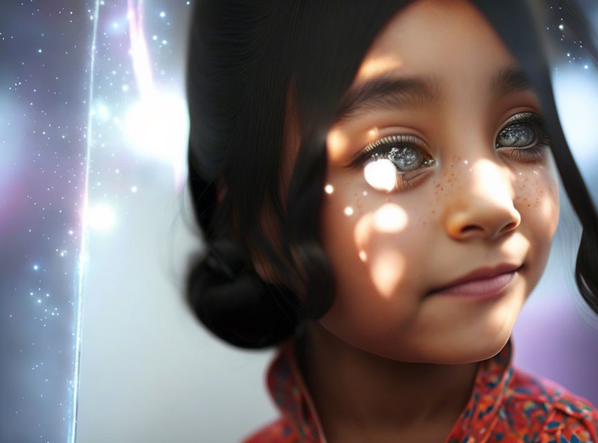 Young girl with twinkling eyes, freckles, and soft smile in sunlight and bokeh