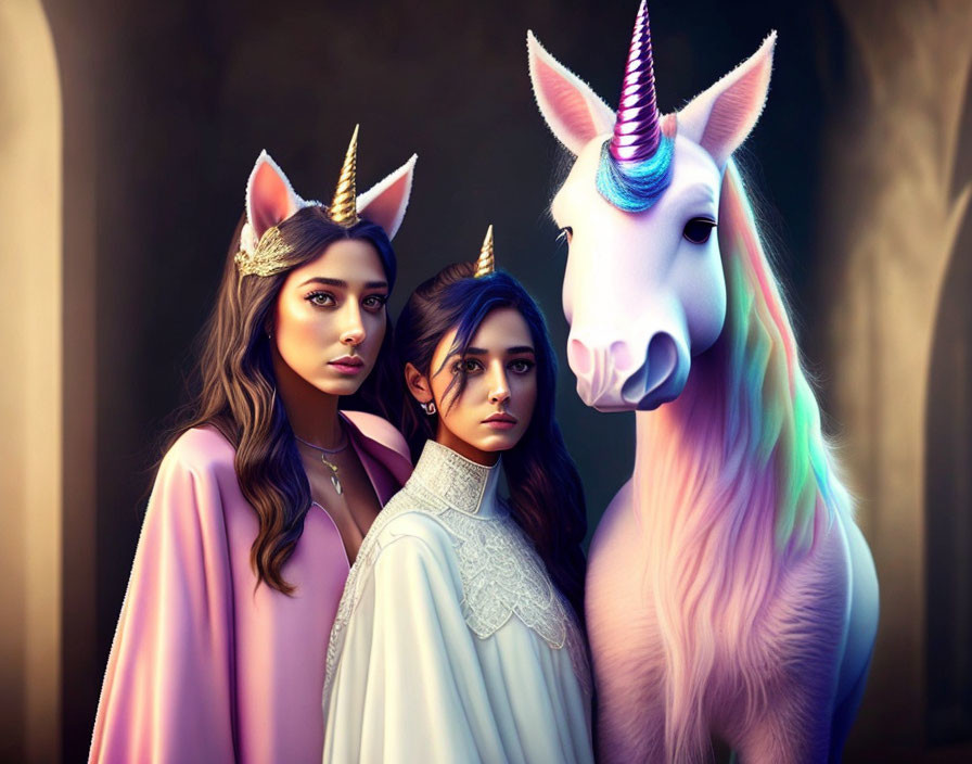 Two Women with Unicorn Headbands Beside Realistic Unicorn in Moody Lighting