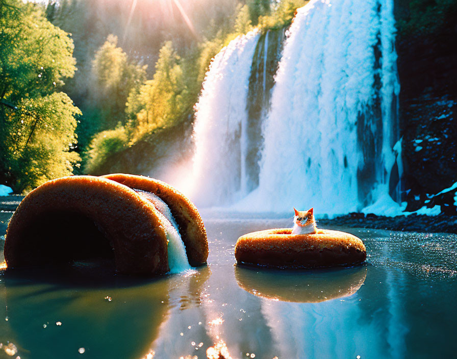 Ginger Cat on Floating Donut by Sunlit Waterfall