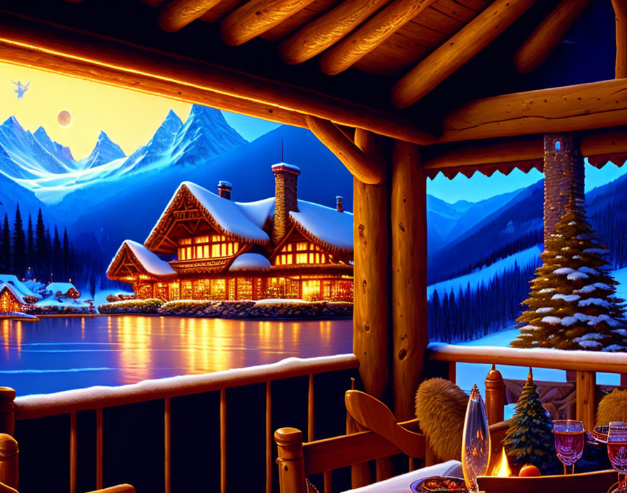 Snowy lodge by frozen lake at twilight