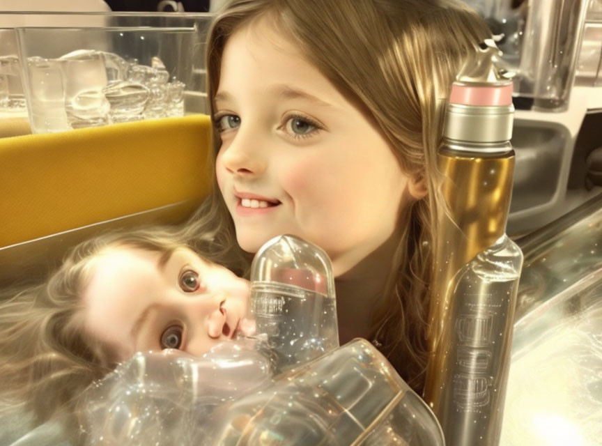 Children's faces peeking through transparent glasses on softly lit table