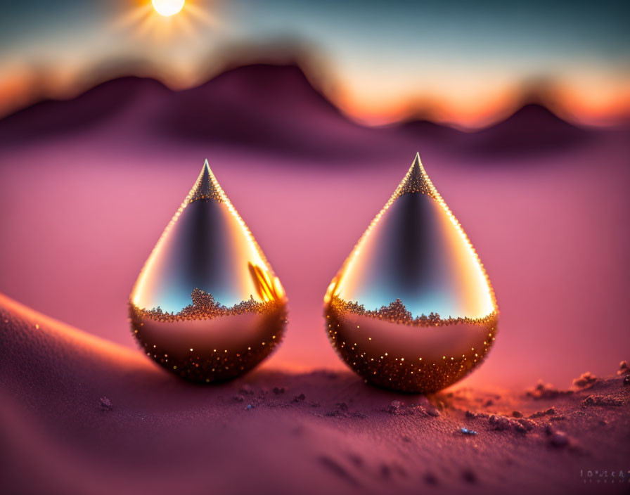 Reflective tear-shaped objects on sandy surface at dusk.