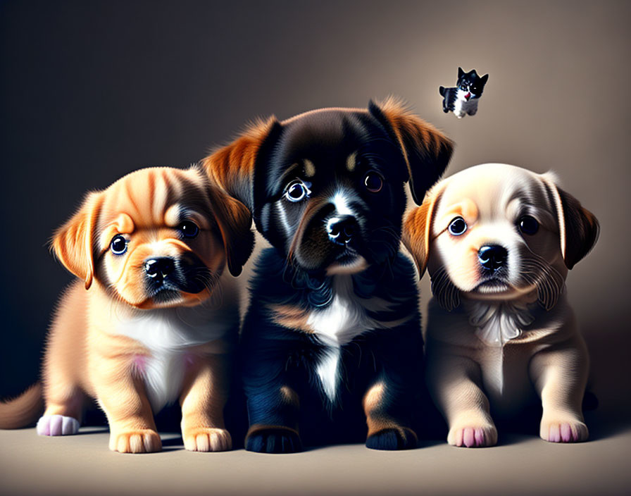 Adorable puppies with tiny kitten on dark background