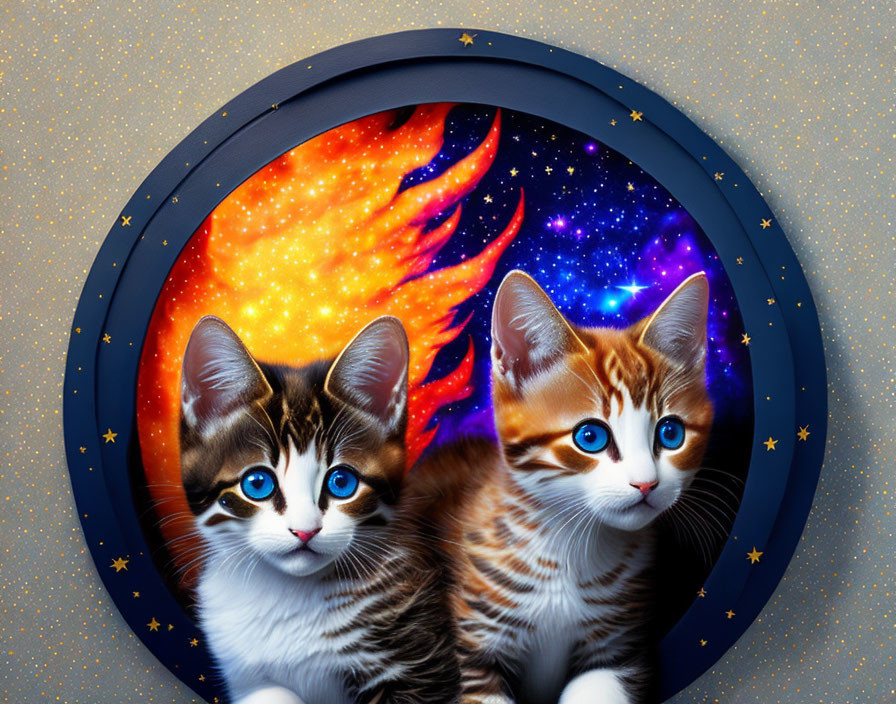 Two kittens with cosmic fur patterns in circular window against starry space.