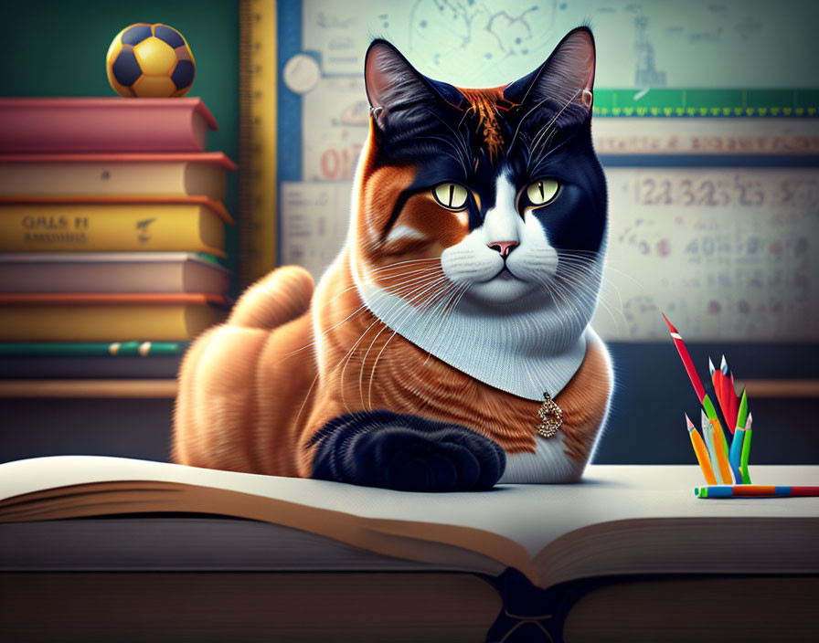 Stern cartoon cat with glasses and pendant on desk with book and colored pencils