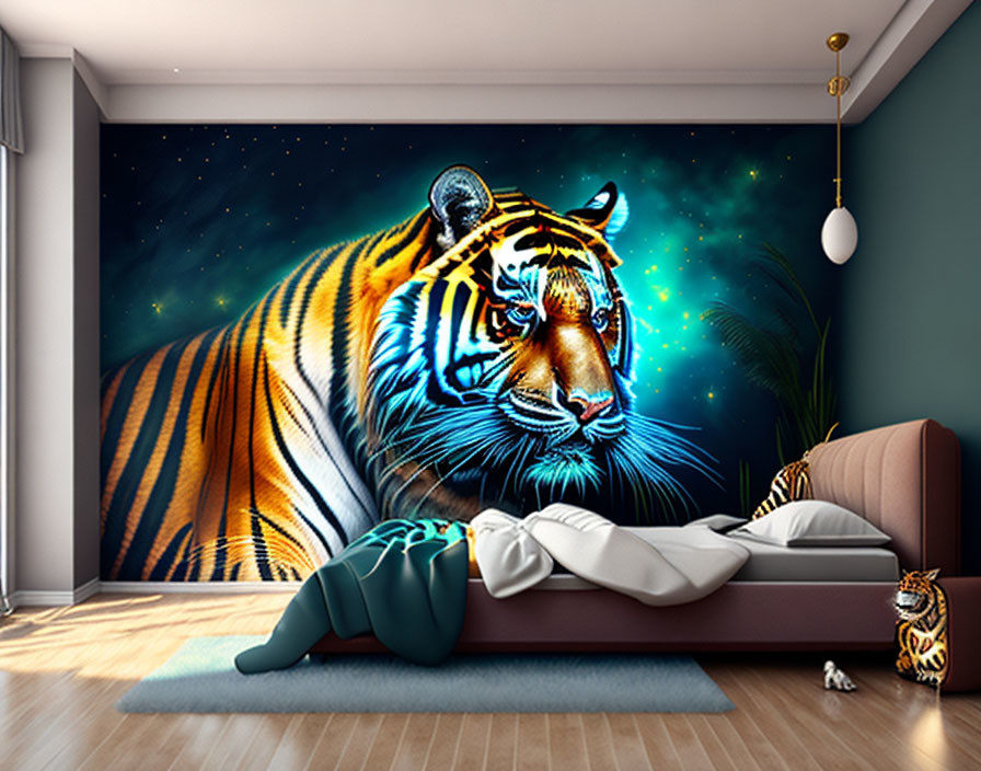 Tiger mural in modern room with brown sofa