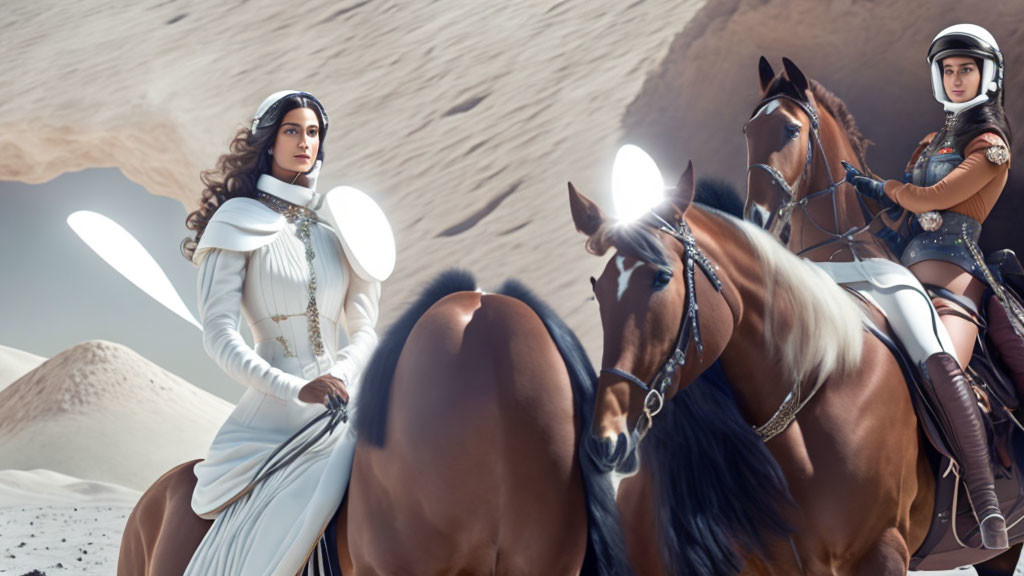 Two women in futuristic warrior costumes with horses in surreal desert setting.