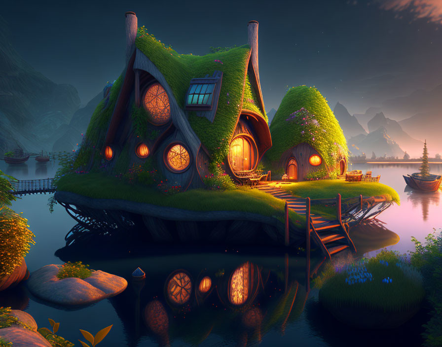 Cozy grass-covered homes by lake at dusk with warm lights