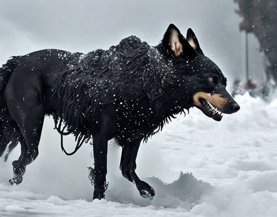 Black Dog Running in Snow with Wet Fur and Snowflakes