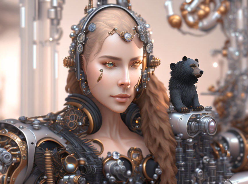 Female cyborg digital art with intricate mechanical details and small bear figure