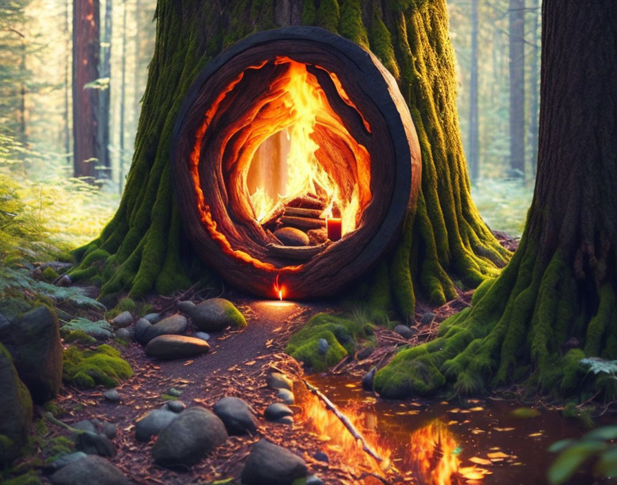 Tranquil forest scene: fire in hollow log, green moss, stones, reflective water.