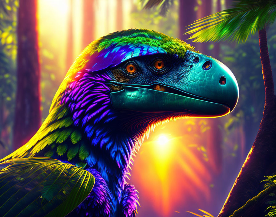 Vibrant feathered dinosaur in sunlit forest