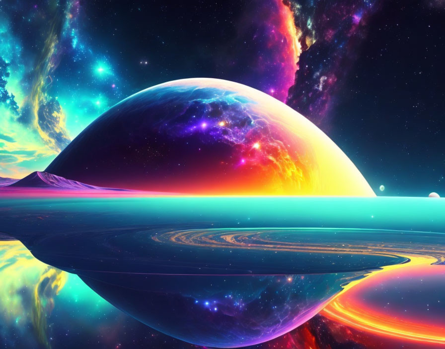 Colorful cosmic digital artwork: ringed planet, nebula, alien landscape