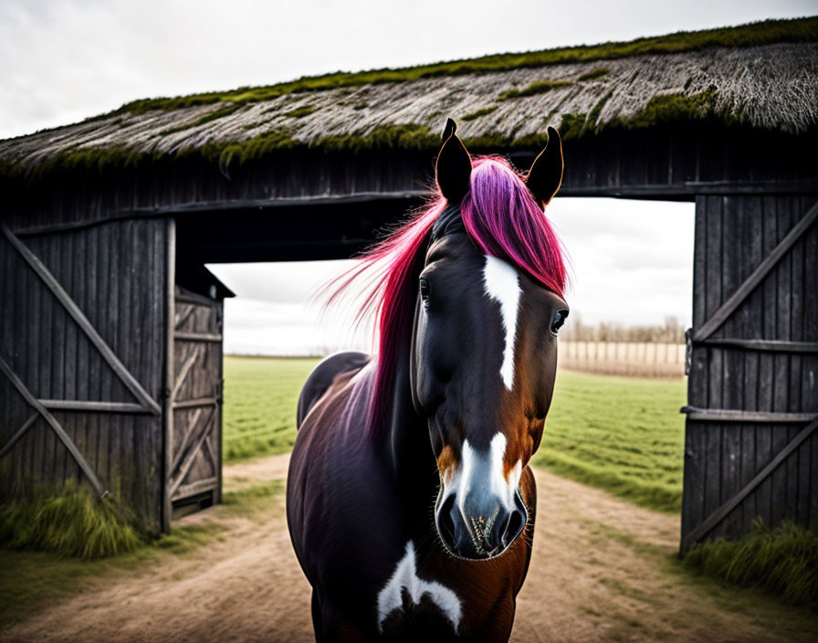 Pink-Maned Horse in Front of Wooden Barn with Open Doors