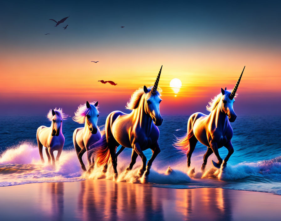 Three unicorns galloping on a beach at sunset with splashing waves and colorful sky