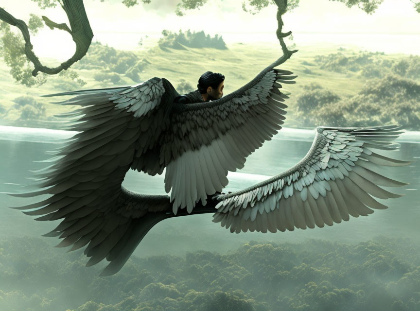 Person with large feathered wings overlooking serene green landscape