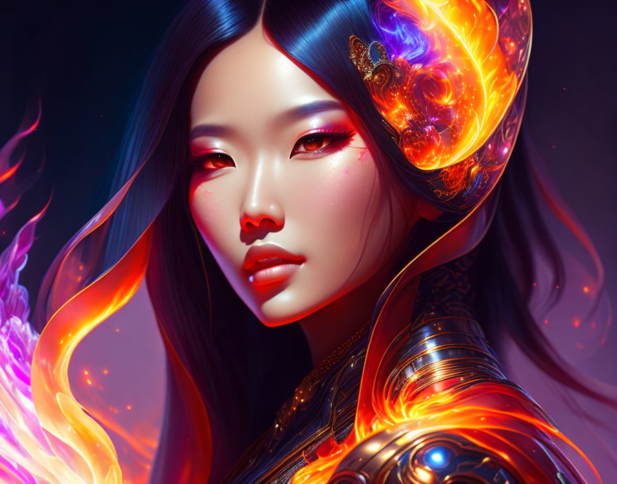 Digital artwork: Woman with fiery elements and ornate shoulder armor on dark mystical background