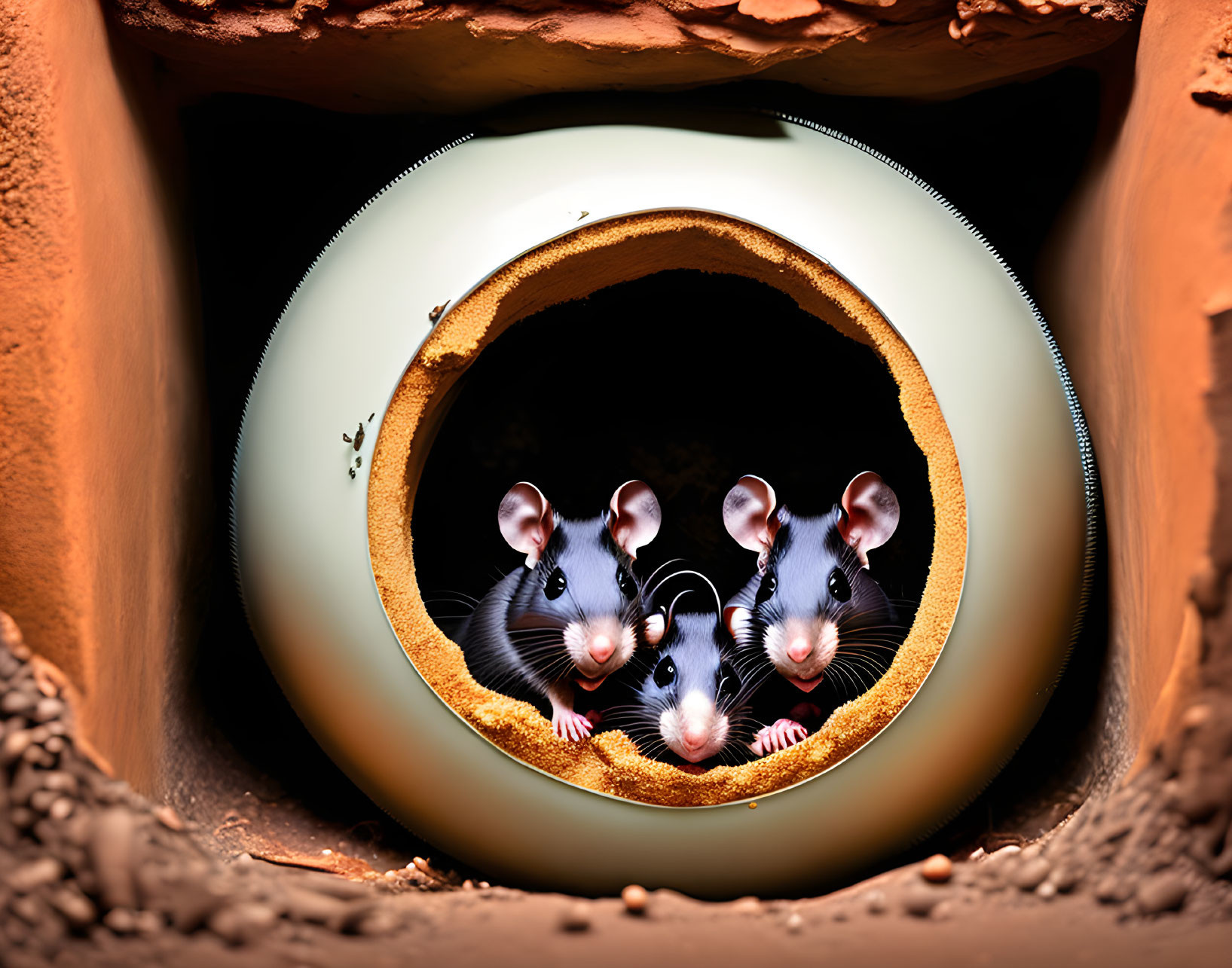 Two mice peeking from circular hole on reddish-brown surface