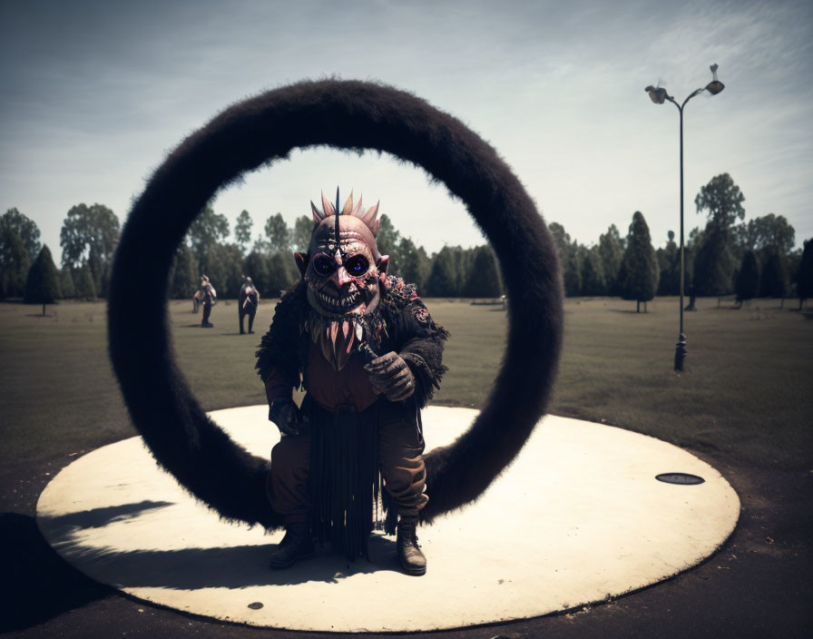 Elaborate Monster Costume Kneeling in Park Setting